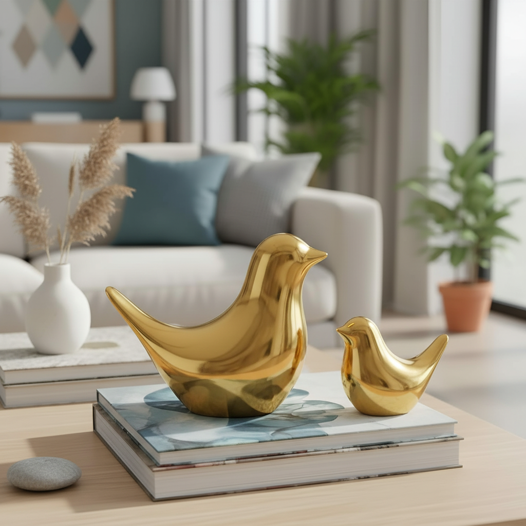 Two sleek, polished golden ceramic bird figurines with smooth curves, artfully arranged on a minimalist shelf in a modern, se